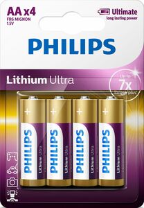 Philips Lithium Ultra LR6 AA lithium batteries as a blistercard of 4 are available in large quantities at battery wholesale Bauer.