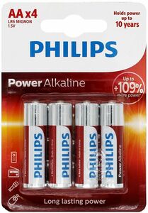 Phillips Power Alkaline LR6 AA alkaline round cells as a blister card of 4 are available in large quantities at battery wholesale Bauer.