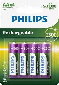 Philips Akku HR6 AA 2600mAh as a blistercard of 4 are available in large quantities at battery wholesale Bauer.