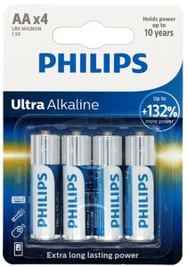 Philips Ultra Alkaline LR6 alkaline round cells as a blistercard of BL4 are available in large quantities at battery wholesale Bauer.