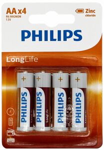 PHILIPS Longlife R6 AA zinc-carbon batteries as a blistercard of 4  are available in large quantities at battery wholesale Bauer.