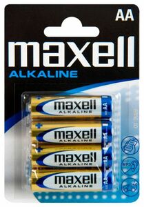 Maxell Alkaline LR6 AA BL4 alcaline batteries - Maxell LR6 AA alkaline batteries as a blistercard of 4 are available in large quantities at battery wholesale Bauer.